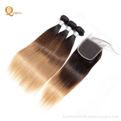 3 Tone Color Ombre Hair 1b/4/27 Closure With Human Hair Weave Bundles Ombre Hair Extensions